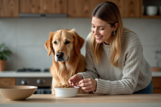 Femme en jean donne à manger à son chien dans une cuisine chaleureuse
