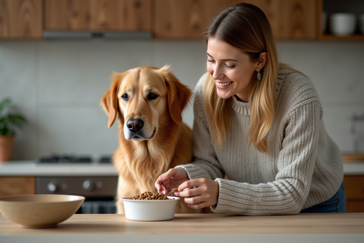 Femme en jean donne à manger à son chien dans une cuisine chaleureuse