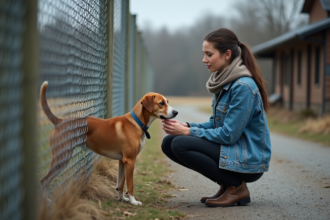 Jeune femme avec chien dans refuge animalier rural