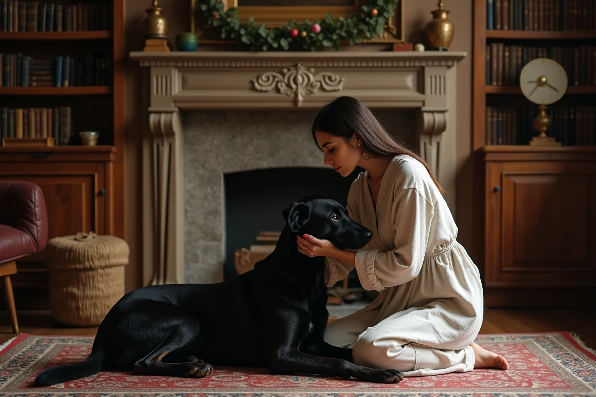 Jeune femme avec chien dans un intérieur chaleureux et livres