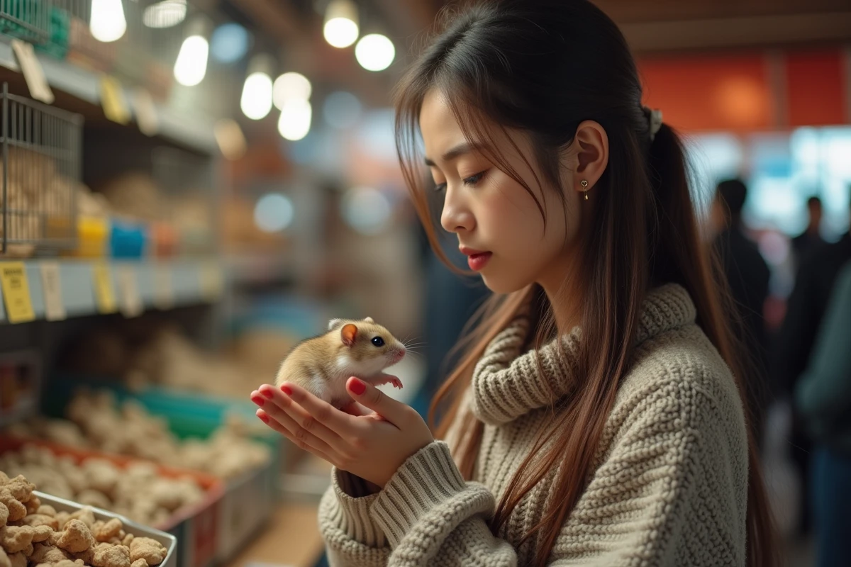 Femme examinant un hamster russe dans un marché animalier à petit prix