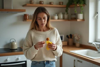 Femme inquiète examine des croquettes pour chien dans la cuisine