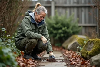 Femme dans le jardin examinant des excréments d'animal