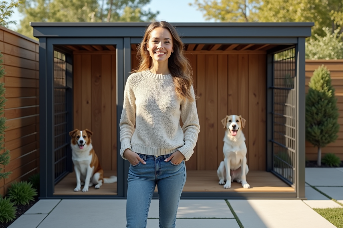 Femme souriante avec chiens dans un grand chenil