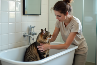 Femme lavant un chat tabby dans la salle de bain