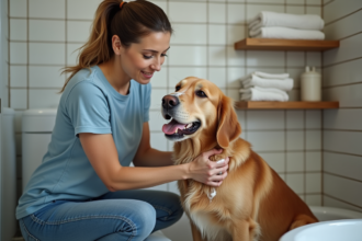Femme lavant un golden retriever dans une salle de bain propre