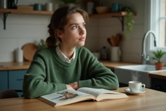 Jeune femme lisant un livre d'animaux dans une cuisine chaleureuse