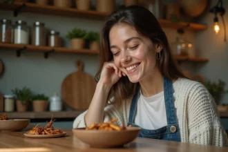 Jeune femme curieuse dégustant des insectes dans une cuisine chaleureuse