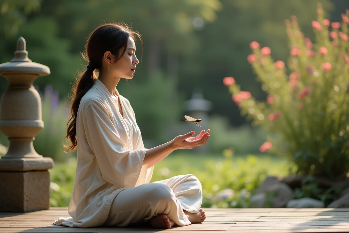 Femme en méditation tenant une libellule dans la main, explorant la signification spirituelle et angélique de cet insecte