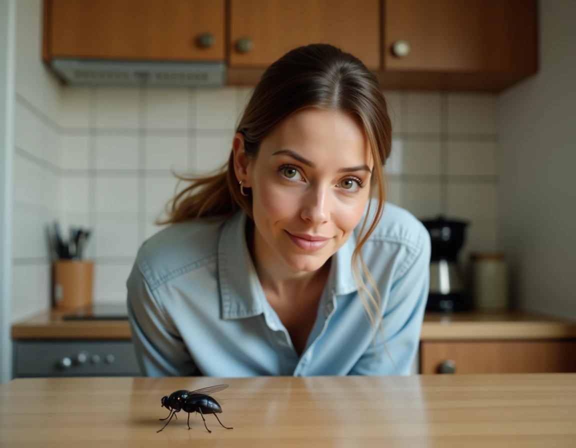 Femme observant calmement un gros insecte noir posé sur un plan de travail de cuisine