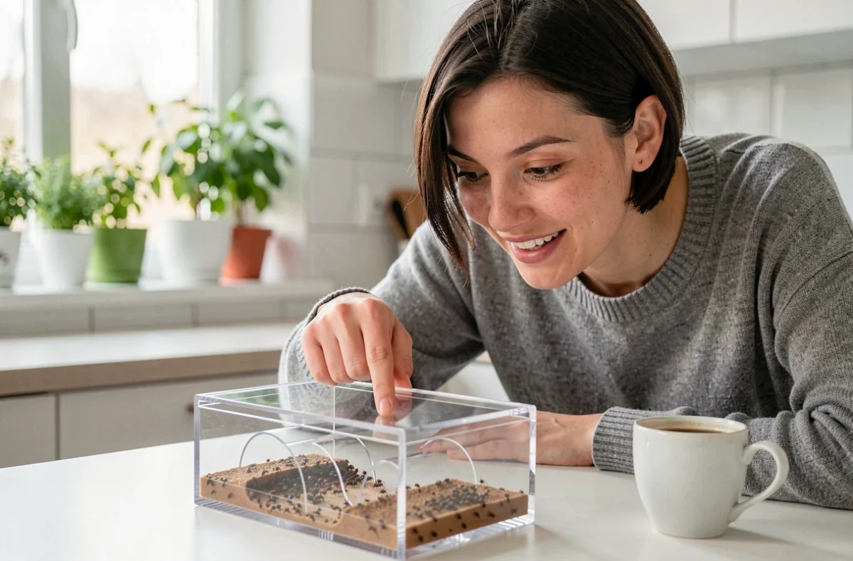 Jeune femme observant avec curiosité un kit fourmilière creusable transparent posé sur une table de cuisine moderne