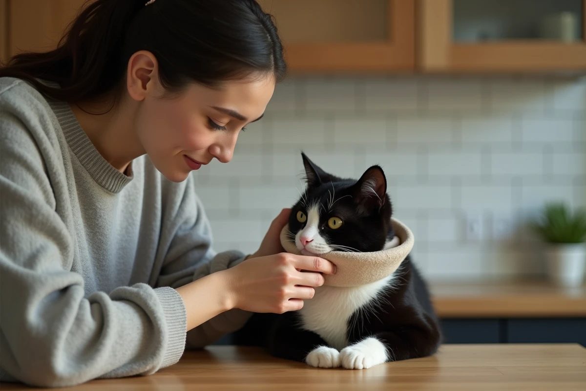 Femme posant une collerette en mousse à son chat noir et blanc sur une table en bois