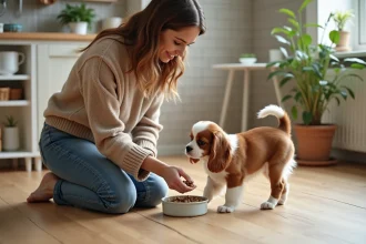 Femme versant des croquettes pour chien dans une gamelle