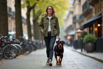 Femme promenant un rottweiler en laisse sur un trottoir urbain arboré