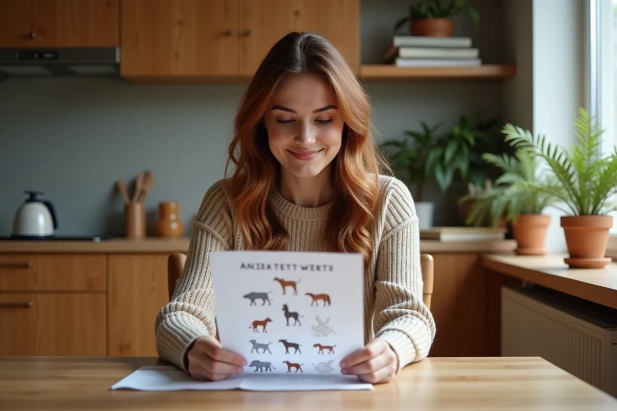 Femme souriante remplissant un quiz animal totem à la maison