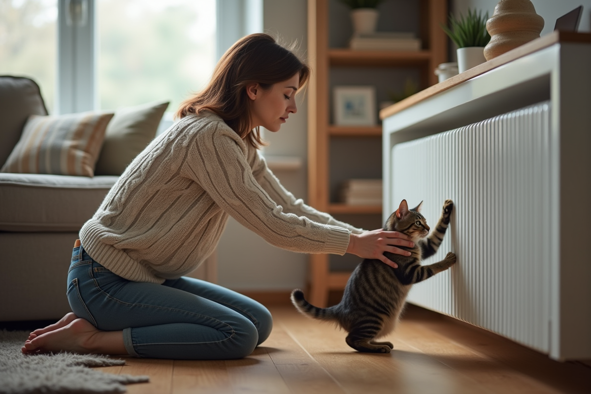 Femme anxieuse cherchant un chat derrière le radiateur