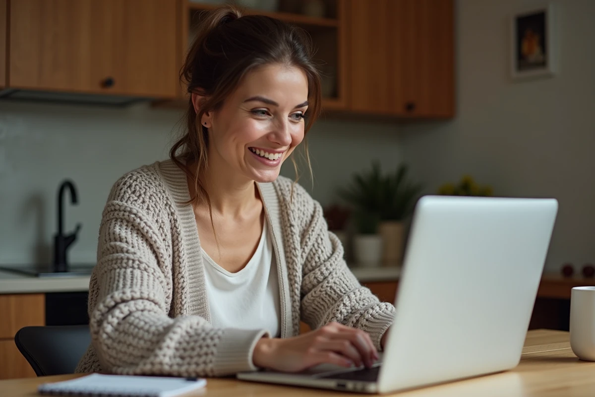 Femme souriante en recherche sur ordinateur à la maison