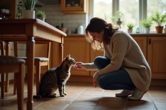 Femme réconfortant un chaton tabby dans la cuisine chaleureuse