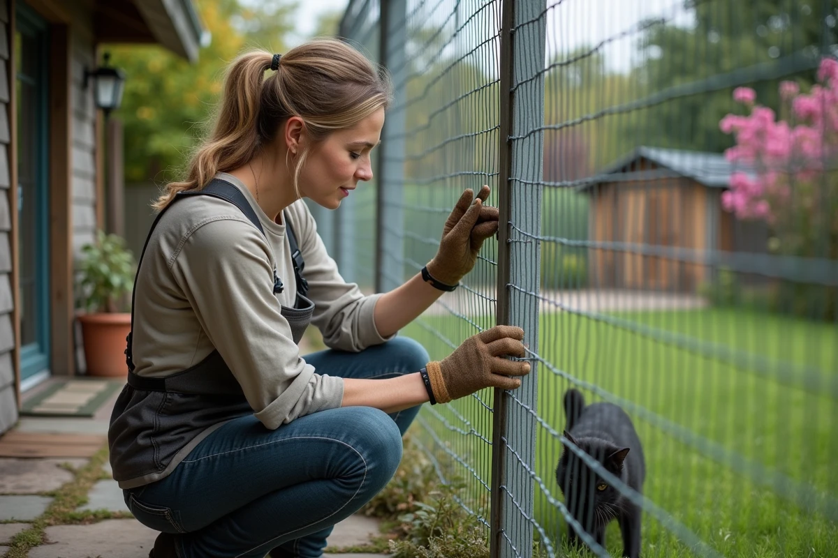 Femme inspectant et renforçant la clôture d’un catio extérieur