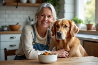 Femme souriante avec son chien près d'un repas de lentilles
