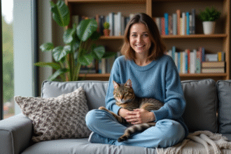 Femme assise sur un canapé avec un chat sur les genoux