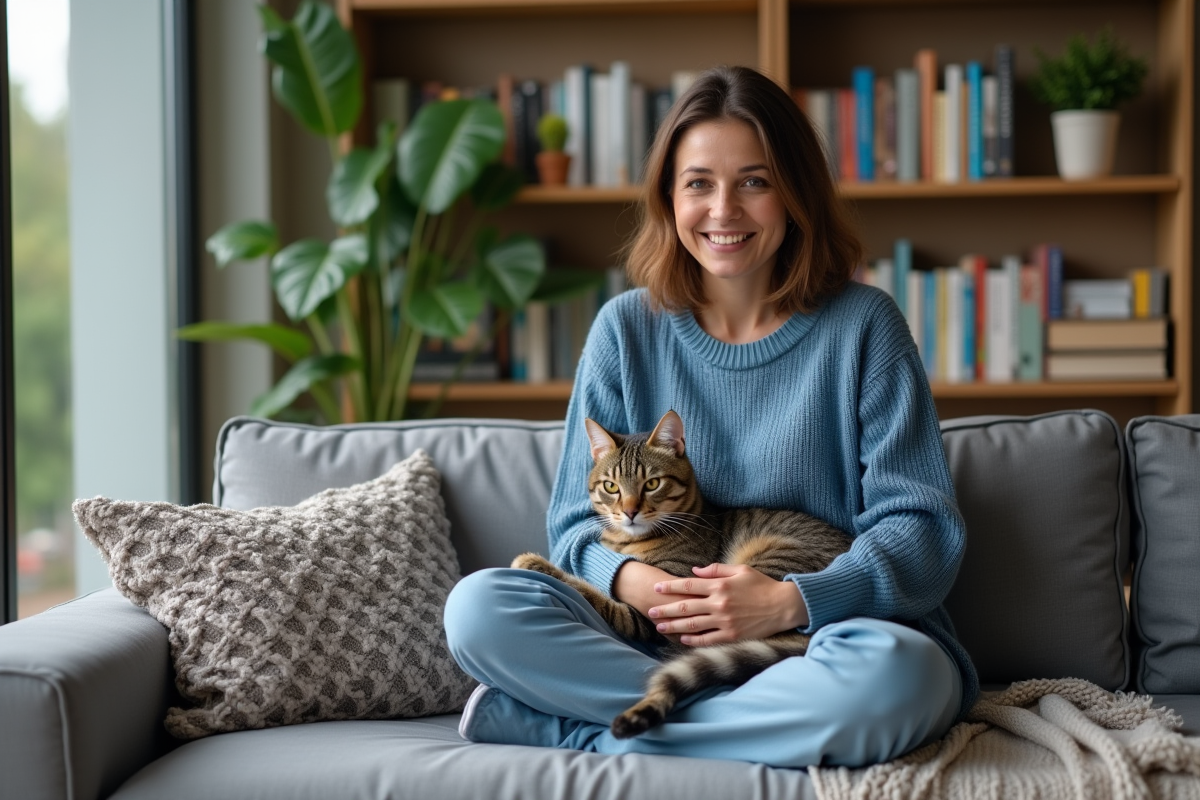 Femme assise sur un canapé avec un chat sur les genoux