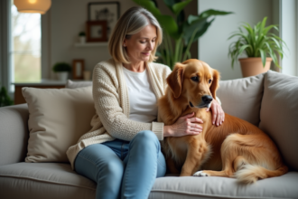 Femme caressant un retriever dans un salon cosy