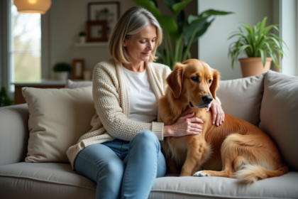 Femme caressant un retriever dans un salon cosy