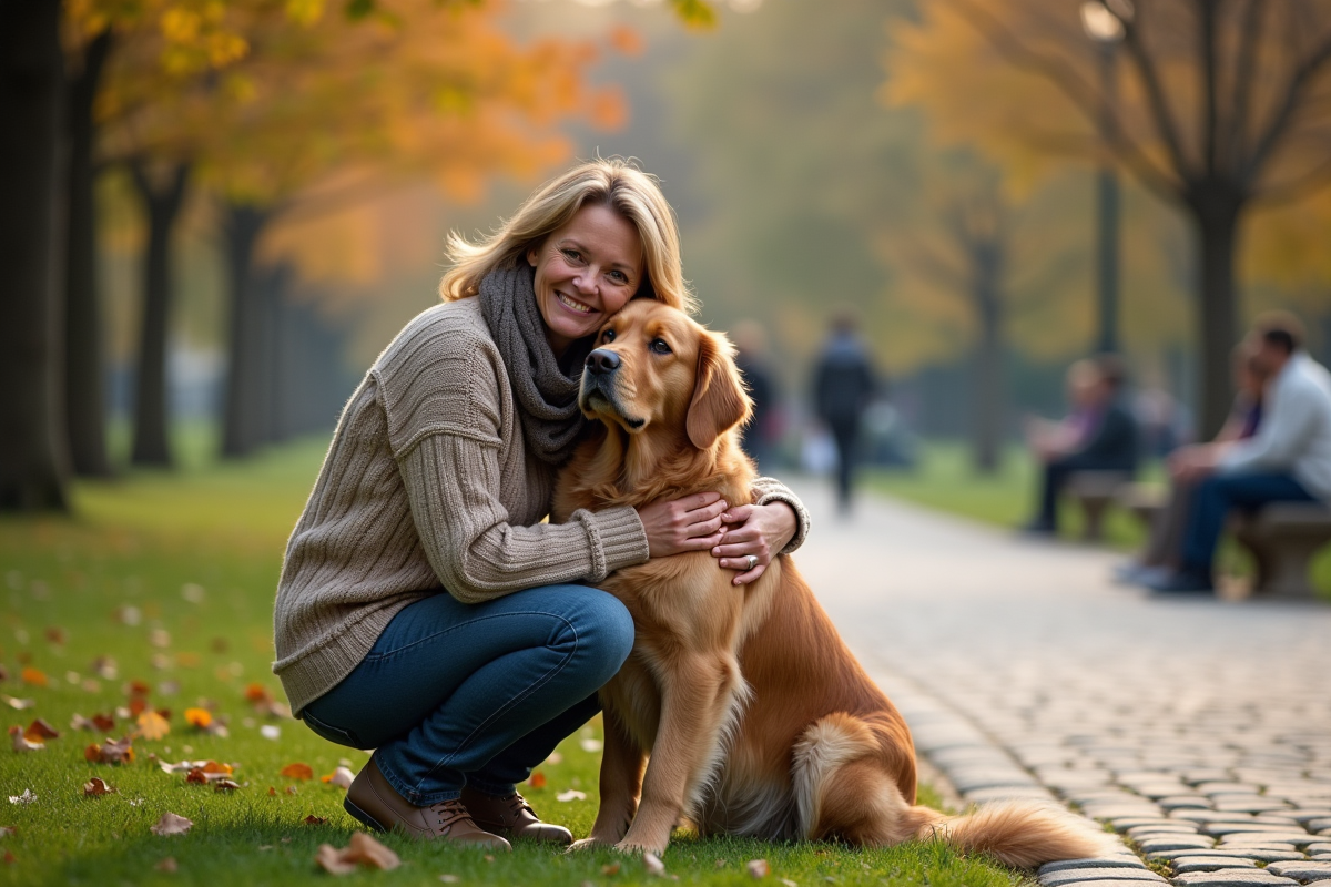Femme en laine embrassant un retriever dans un parc