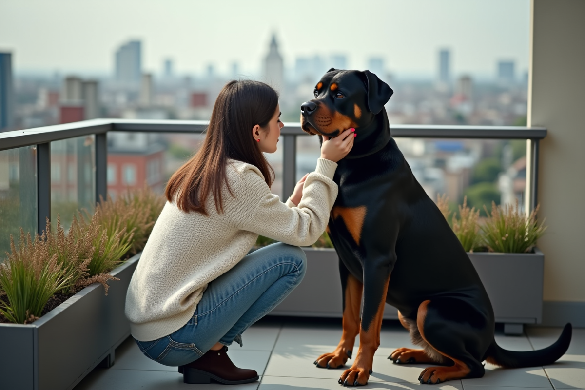 Jeune femme avec rottweiler sur balcon urbain