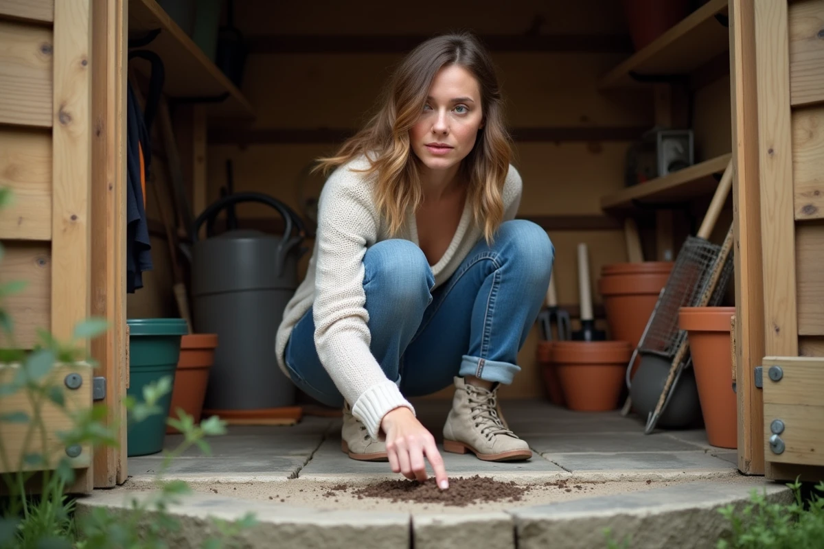 Femme pointant une déjection animale dans un abri de jardin
