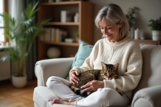 Femme assise sur un canapé caressant un chat détendu
