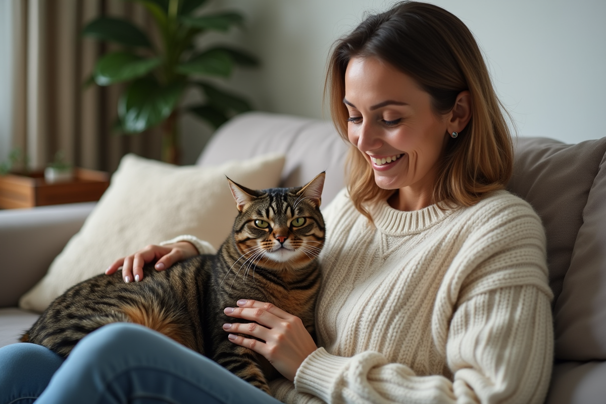 Femme assise sur un canapé caressant un chat tigré