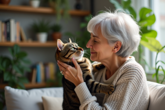 Femme senior avec chat dans un salon lumineux