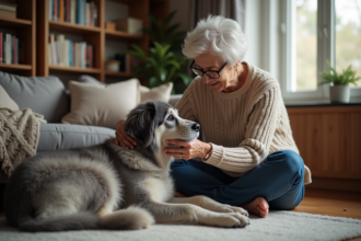 Femme senior caressant son chien gris dans un salon chaleureux
