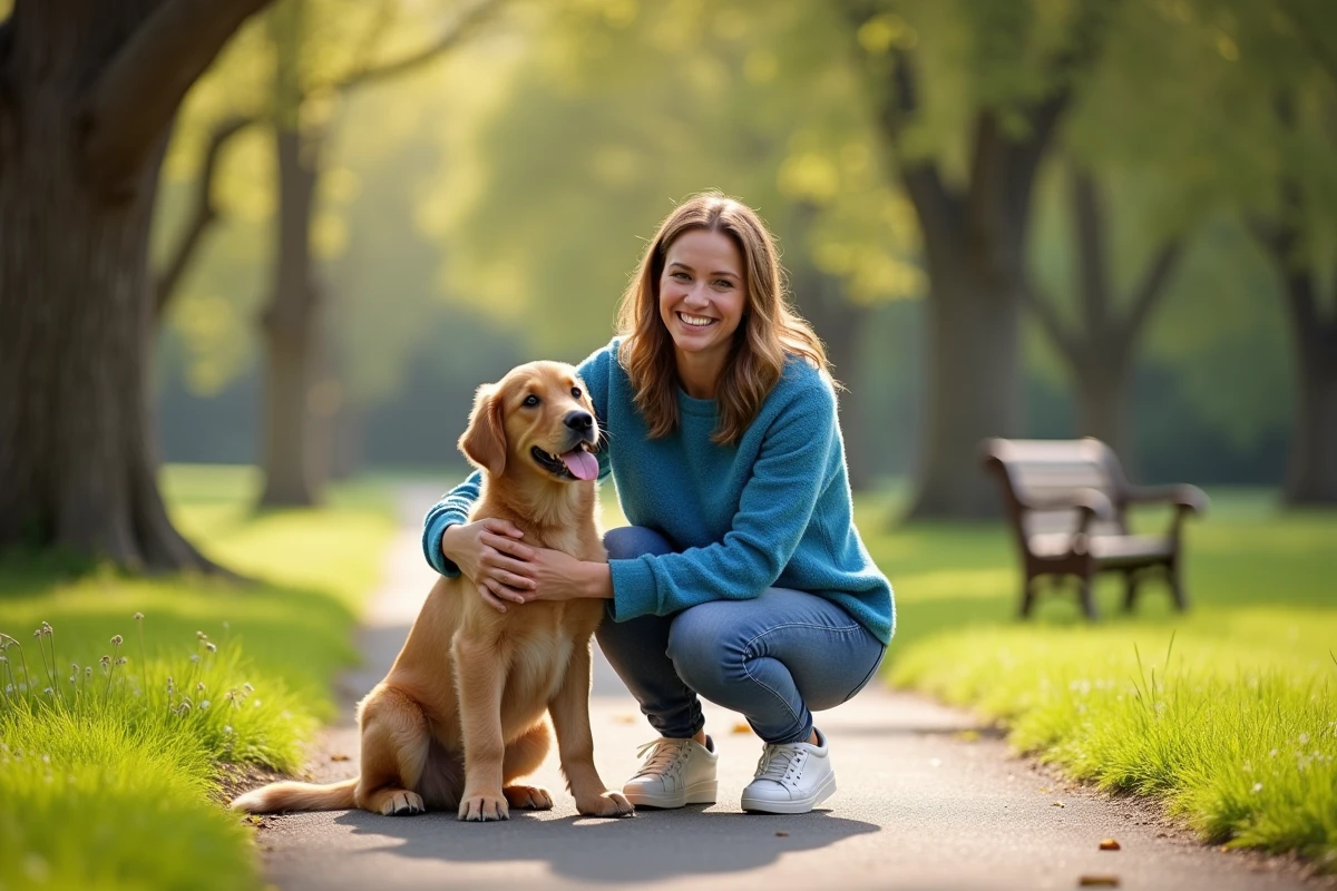 Femme souriante avec un chiot golden retriever dans un parc