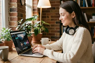 Jeune femme utilisant un tchat radio en ligne sur son ordinateur portable dans un bureau à domicile chaleureux