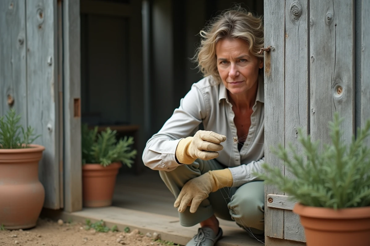 Femme découvrant une toile d'araignée dans un jardin du sud de la France