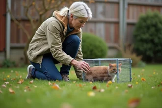 Femme posant une trappe à chat dans le jardin