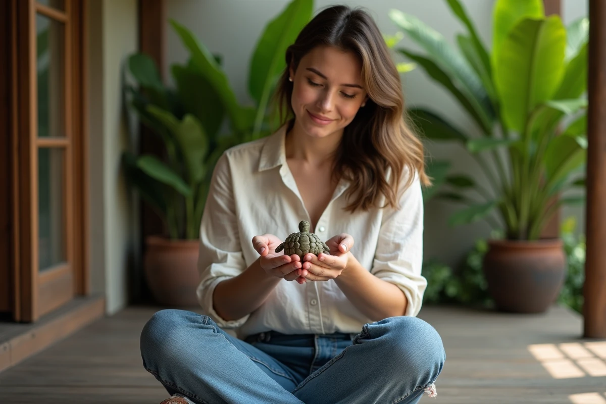 Femme assise sur une veranda avec une tortue en pierre