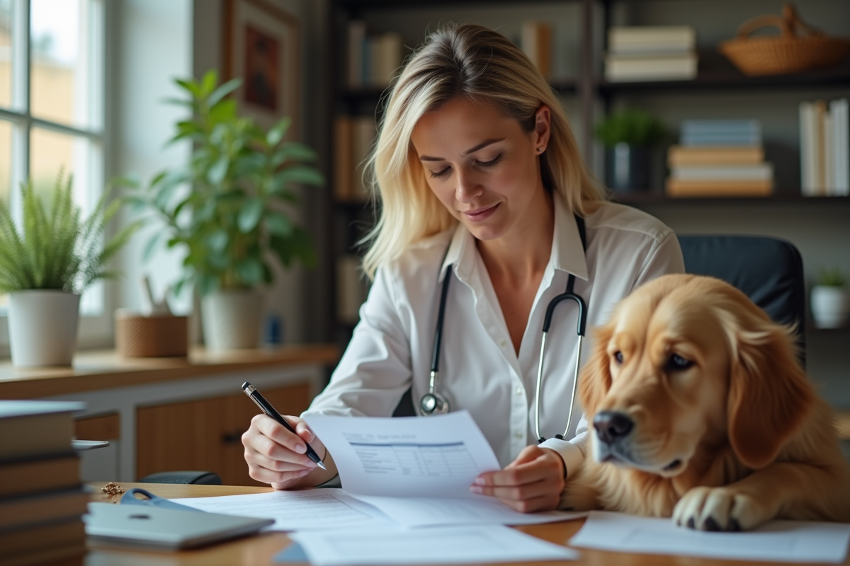 Femme d'âge moyen vérifiant des factures vétérinaires à son bureau