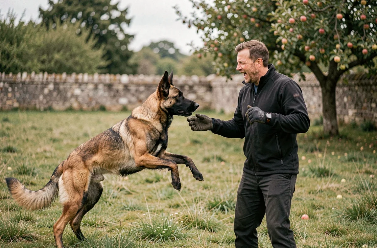Éducateur FeverEduc en pleine démonstration de rappel avec un malinois dans la campagne normande