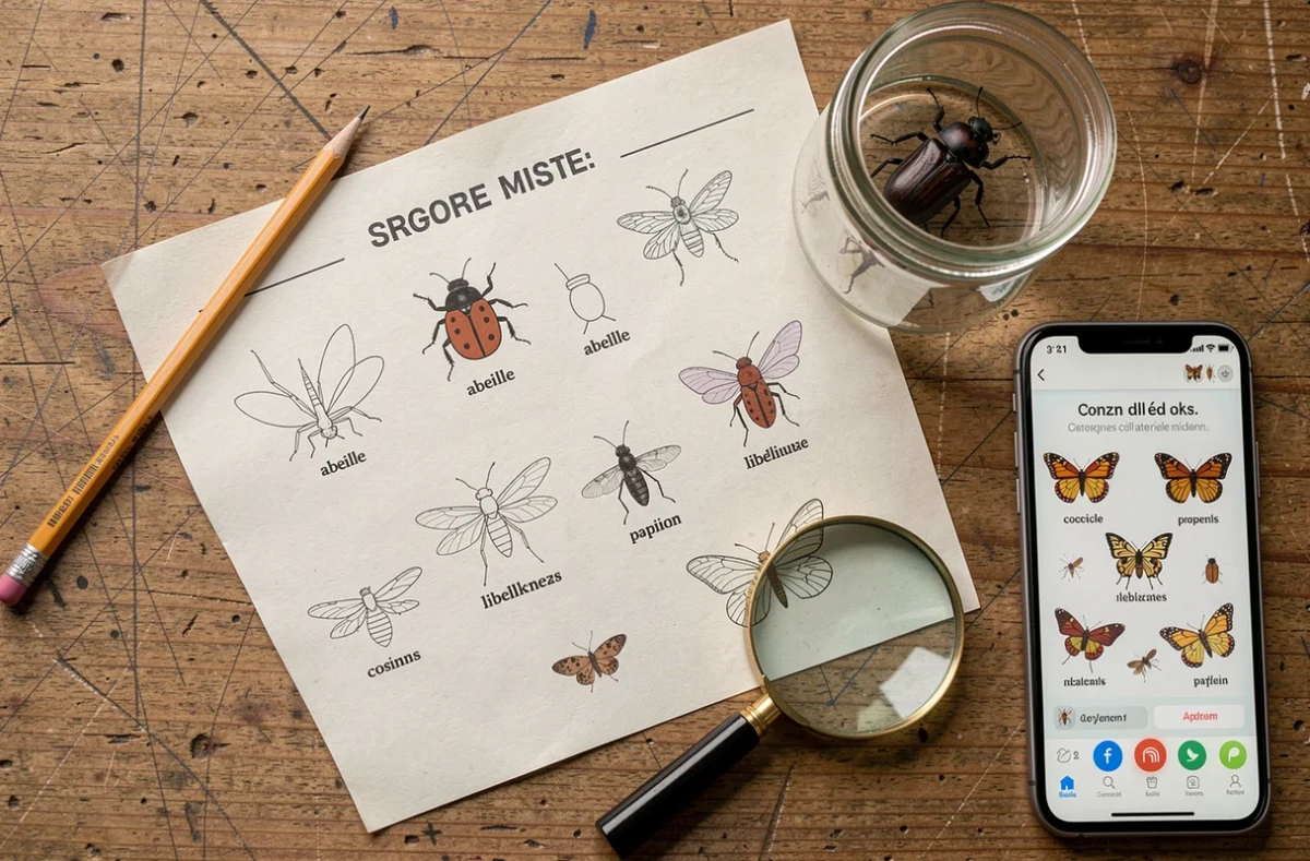 Fiche pédagogique illustrée avec noms d'insectes en français, loupe et application numérique sur un bureau scolaire