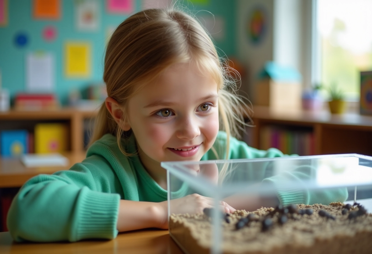 Fille curieuse observant une fourmiliere dans une classe