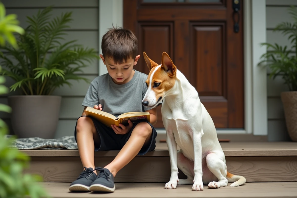 Fox Terrier à poil court assis calmement à côté d'un garçon lisant sur les marches d'un porche, montrant le tempérament doux de la race avec les enfants