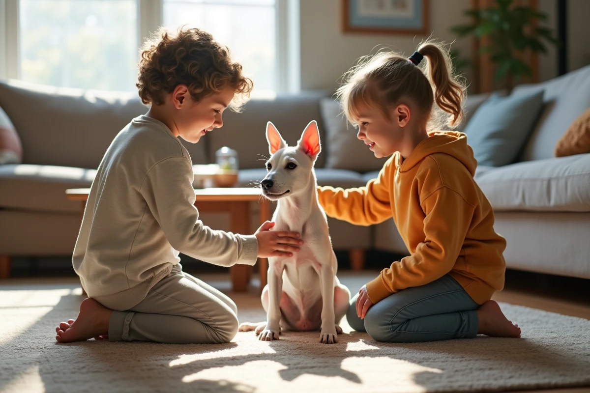 Deux jeunes enfants caressant un Fox Terrier à poil court sur un tapis de salon, illustrant les règles de sécurité et l'interaction douce entre la race et les enfants