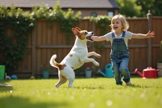 Fox Terrier à poil court jouant à la balle avec une jeune fille dans un jardin, illustrant la compatibilité entre la race et les enfants