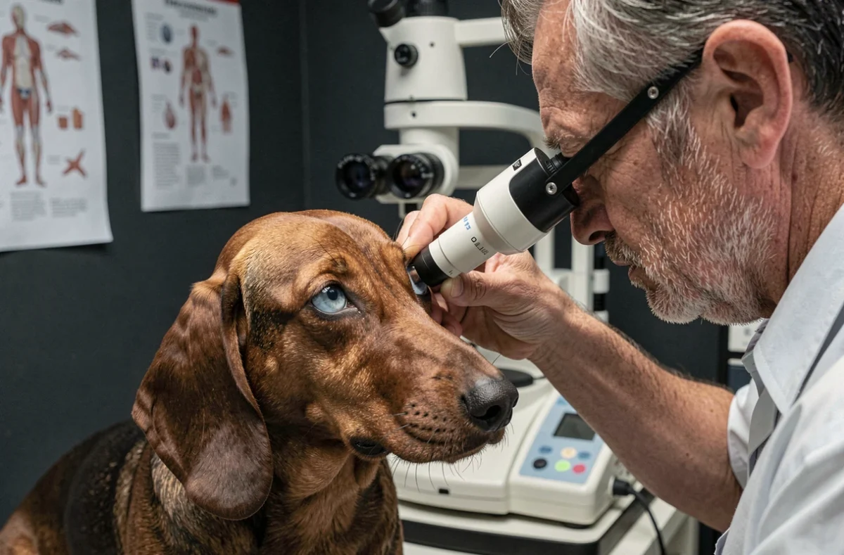 Un vétérinaire ophtalmologue examine l'œil d'un teckel présentant une fragilité oculaire héréditaire avec cataracte visible