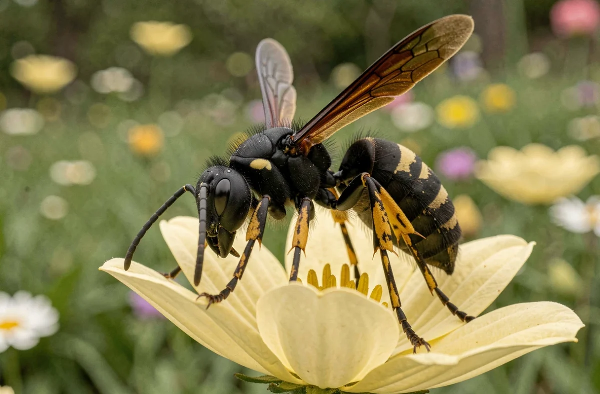 Frelon asiatique noir en gros plan sur une fleur de printemps dans un jardin, ailes déployées
