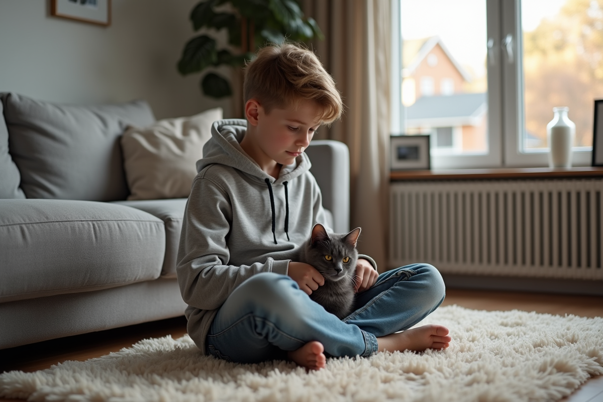 Adolescent caressant un chat gris dans le salon moderne